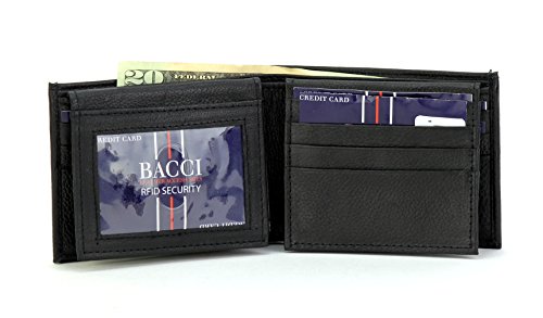 BACCI Mens RFID blocking Wallet - Genuine Leather Bifold Wallet for Men with 1 Hidden Zipper, 2 Cash Pockets,14 Cards, 2 Inner Slots & Double Flap 2 ID Windows - Slim Bifold Wallet (Black)4
