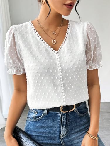 Image of Shasmi Women's Elegant French Textured Fabric Solid Color Lace Panel V-Neck Jacquard Blouse,Short Puff Sleeve Tops Simple Daily Spring /Summer Casual Blouse Shirt (Top 178)