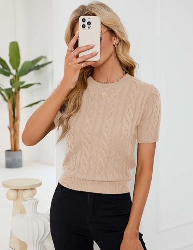 Image of Libsorge Womens Cropped Short Sleeve Sweater Fall 2025 Crewneck Sheer Knit Tops - Lightweight, Thin, Crop, Slim Fit