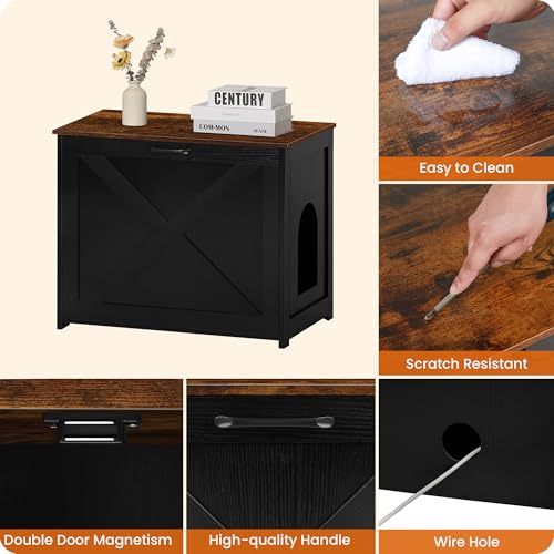Dwanton Cat Litter Box Furniture Hidden, Cat Litter Box Enclosure, Reversible Entrance Can Be on Left or Right Side, Indoor Cabinet, Wooden Washroom, End Table, Black and Rustic Brown, 27.6" L - Thumbnail 6