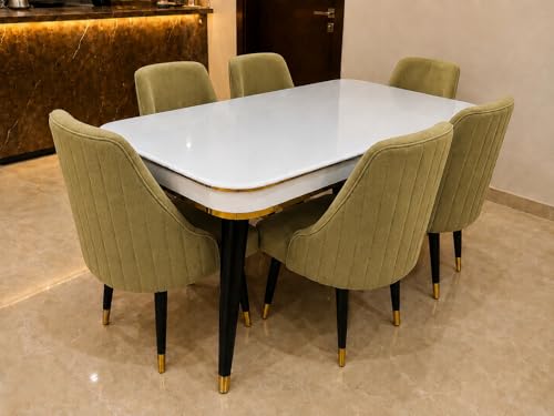 Image of WOODEN SPACE 6-Seater Wooden Dining Table Set | Nano Composite Marble Top | Solid Wood Base | Modern Dining Room Furniture with 6 Chairs (Light Green Infinity Backline)
