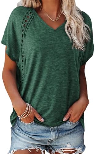 EVALESS Womens Summer Fashion Oversized Tops Casual V Neck Short Sleeve Lace Patchwork Shirts 2024 Basic T-Shirts