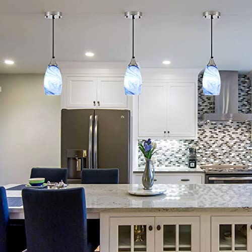 Glass Pendant Light With Handblown Blue Marble Art Glass Shade Adjustable Cord Modern Lamp Ceiling Pendant Light Fixture For Dining Room, Kitchen,Foyer, Hallway (Blue Marble, 3-Pack) #TOP5