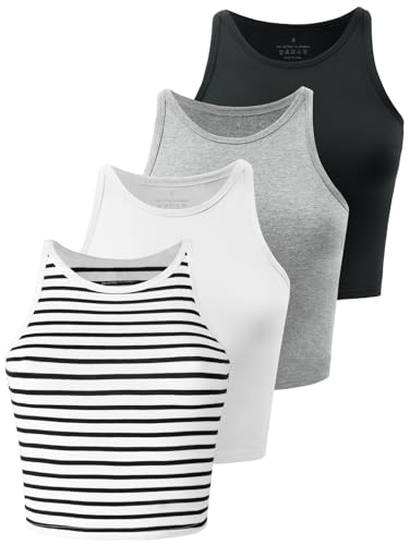 BryticFlow Damen-Sporttops: Cropped Tank Top mit hohem Ausschnitt Yoga-Shirts & Unterhemden 4er Pack Schwarz/Weiß/Grau/Gestreift S