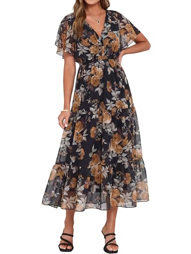 Simplee Womens Floral Boho Maxi Dress Spring Fall Wedding Guest V Neck Ruffle Short Sleeve Western Dresses Black Brown M