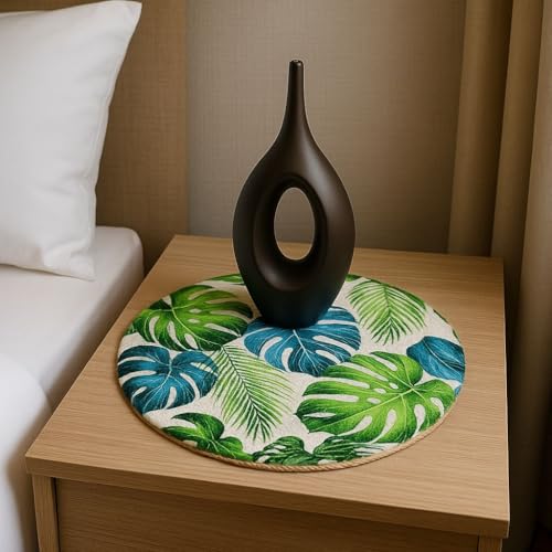 Image of Jute Cotton Round Table Mats Set of 6 - Dining Table mat 6 Pieces Waterproof, Elegant and Durable for Dining Table (Green Leaf)