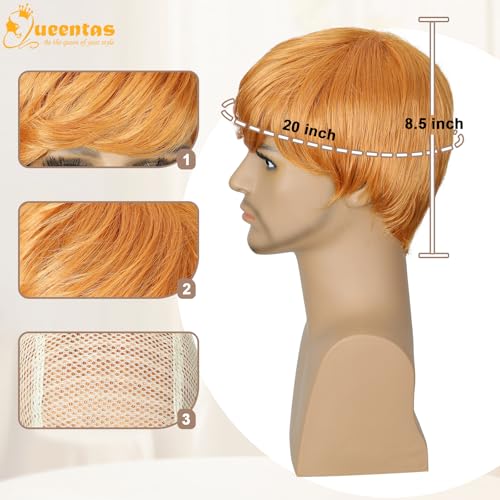 Image of QUEENTAS Men's 8 Inch Light Orange Natural Straight Wig, Heat Resistant Synthetic Glueless Wig for Halloween Cosplay Unisex Daily Wear