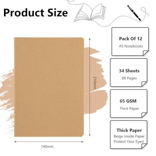 AOOSU Notizbücher A5 Blanko,12 Stück Kraft Notizbuch, Klein Notizheft mit Softcover(34 Blatt), Journal Tagebuch, Tragbares Notizblock für Schule, Büro, Reisen, Back to School Geschenk（21×14cm）