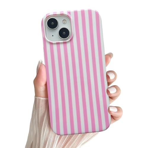 Housse iPhone 15 rayures roses motif mignon cadeau fille