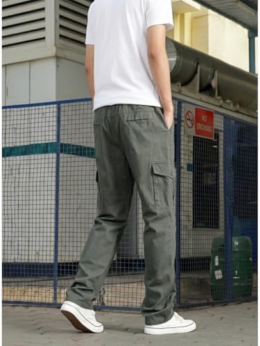 Image of Men's Cargo Pants-100% Premium Cotton Tapered Fit Lightweight Breathable Multi-Pocket Drawstring Utility Casual Trousers