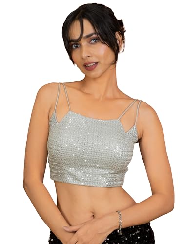 Image of FIGURE'S DESIGNER Women's Spagehtti Neck Strap Sequin Embroidered Sleeveless Readymade Saree Blouse E22