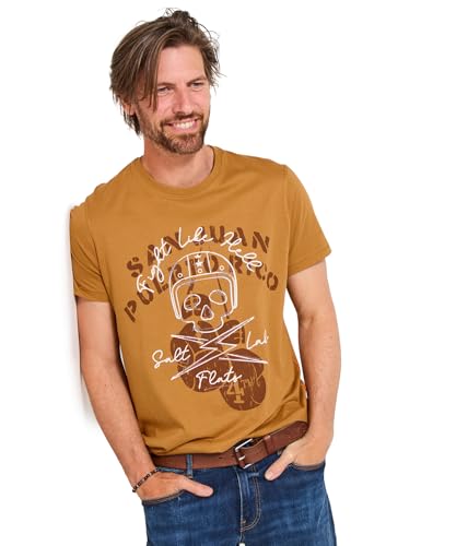 Joe Browns Male Biker Skull Flatlock Stitch Crew Neck Tee, Regular, Orange, UK M