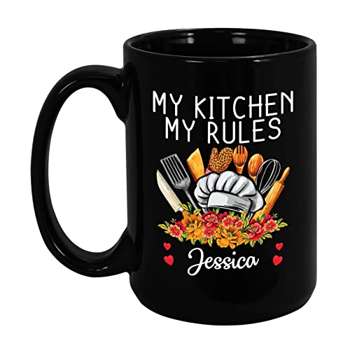 My Kitchen My Rules Chef Black Coffee Mug 11oz 15oz, Personalized Chef Mug, Floral Chef Coffee Cup, Pastry Chef Gift, Custom Chef Ceramic Mug With Name, Cooking Mug For Chef, Cooking Tools Cup