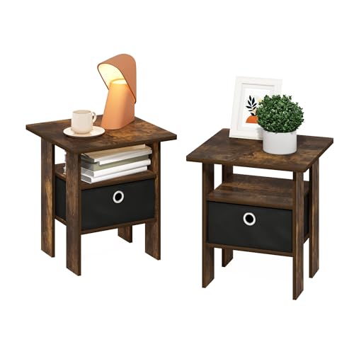 Image of Furinno Andrey Set of 2 Square Side Table, End Table, Amber Pine | Open Shelves and Storage Bin, Square Modern Night Stand, Bedside Table, for Living Room, Bedroom
