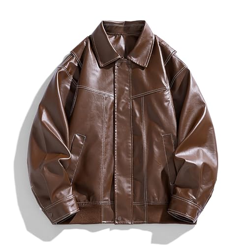 XUNRYAN Mens Faux-Leather Bomber Jackets Vintage Motorcycle Button Zip Up Vegan PU Baseball Jacket Winter Coat Outerwear 5