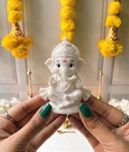 Image of Shri Ganesha Idol Murti, 8 cm Height, Bal Ganesh, 3D Printed, PETG Material, Light Weight, God Ganesha Idol for Car Dashboard, Home Decor, Puja, Gift, Office Desk, Pooja Mandir