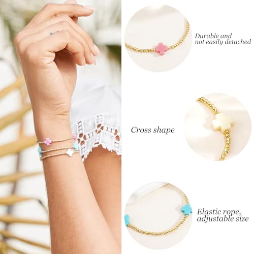 choice of all Gold Bracelets for Women Trendy Beaded Bracelet Non Tarnish Stack Cross Pearl Beaded Stretch Bracelets Jewelry Gifts for Women4