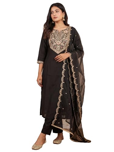 Image of INDO ERA Women's Embroidered Rayon Viscose Straight Kurta Pant with Dupatta Set