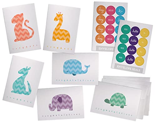 Hill Valley Greetings Chevron Animals Around the World Baby Congrats Cards - 48 Cards & Envelopes - Includes Colorful Sticker Seals