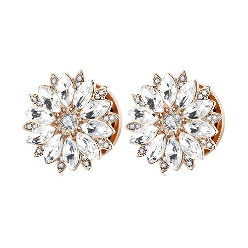 Stfery Kit Ecarteur Oreille, Écarteur Acier Chirurgical 12MM 1/2In Bijoux Acier Inoxydable Or Rose Tunnels Fleur avec Cubic Zirconia 2 Pièces