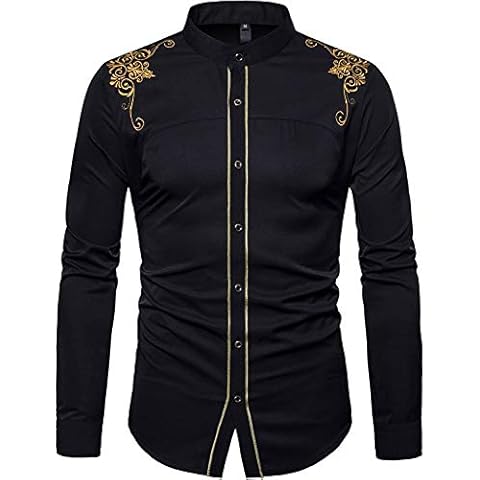 PARKLEES Men's Hipster Gold Embroidery Design Grandad Collar Shirt Slim Fit Long Sleeve Button Up Dress Shirts Black L Cover