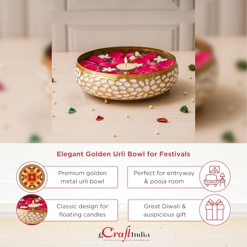 Image of eCraftIndia Golden Metal Urli Bowl for Home Decoration Office Tv Unit Kitchen Showpiece for Good Luck | Urli for Floating Candles Flowers for Pooja Room Entryway Living Room Diwali Gift