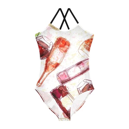 Girls One Piece Swimsuits Wine Bottles and Glasses Pattern Sport Halter Swimwear Beach Bathing Suit, 5-6T