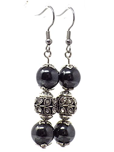 Boucles d'oreille en acier inoxydable en perles d'Hématite et perles centrales avec cristaux