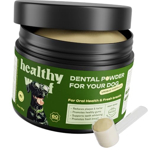 Image of Dental Powder for Dogs - Complete Oral Care Bone Broth, Dog Teeth Cleaning Powder, Tartar Remover, Fresh Breath, Sensitive Stomach Support, No Brush Dental Care, 4.2 oz, 60 Scoops