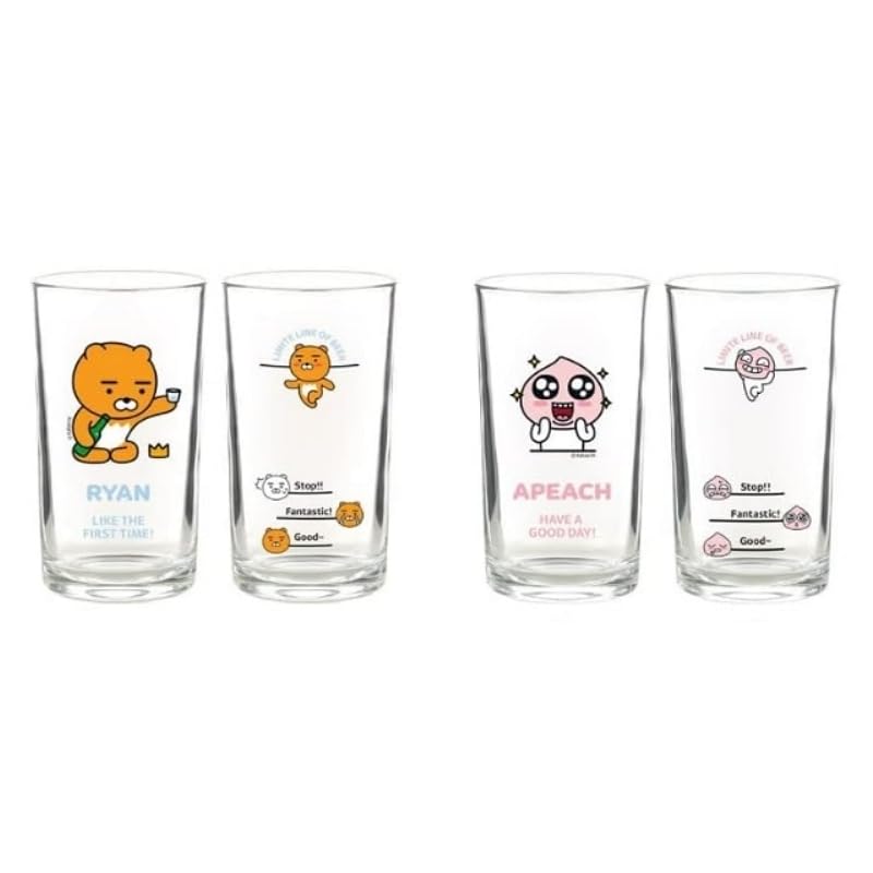 Kakao Ryan Apeach Clear Glasses For Alcohol Drinks Set of 2(soju beer glass 소맥잔),Korean Soju Shot Glasses Set Character Soju Beer Glass, Best Gift For Party, Ryan, Apeach
