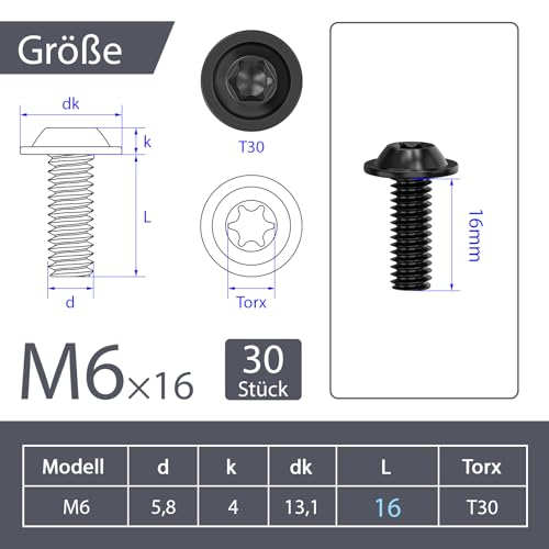 ORTAVA Pack of 30 M6 x 16 Screws, Pan Head, Torx, Flange, Flat Head with Washer, Stainless Steel A2 V2A Full Thread - Image 2