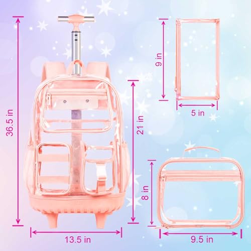 3PCS Clear Backpack Rolling Backpack for Girls, Heavy Duty PVC Transparent Bookbag, See Through School Bags with Wheels for Teens Women Elementary Travel - Pink2