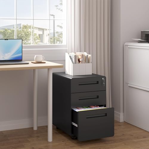 WOLTU Armario Archivador, Cajonera Escritoria Móvil con Ruedas, Gabinete de Oficina con 3 Cajones y Cerradura Mueble Archivador Colgante Carpeta de Gran Capacidad para Carta y Papel A4, Negro ASK04sz - imagen 6