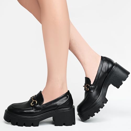 Image of Black Platform Loafers for Women - Women's Slip-On Leather Loafers, Chunky Comfort Shoes for Work & Dressy Occasions