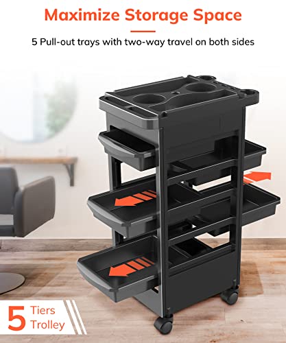 Budget Hair Styling Salon Trolley Cart With Wheels And 5 Drawers, Salon Rolling Cart For Extra Hairdresser Storage, Tool Free Rolling Salon Cart For Hair Stylist, Hairdresser, Beauty, Tattoo - Black #TOP2