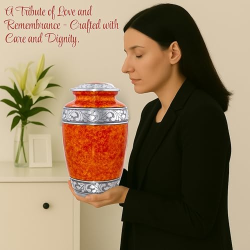 Image of Cremation Urn for Human Ashes Adult - Handcrafted Aluminum Funeral Urn with Silver Engraved Border | Large 200 Cu in Burial Urn for Ashes | Decorative Memorial Urn with Velvet Bag - Antique Finish