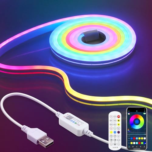 Aclorol 5V RGB IC Neon Rope Lights 3M Outdoor LED Smart Neon Strip Light Waterproof Music Sync with Remote and App Control Colour Changing for TV Backlight Gaming Desk Display Bedroom Wall Decor
