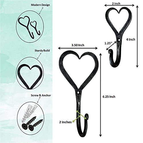 Living Ideas Hand Forged Heart Shape Wall Hooks Set Of 2 Pcs Medium And Large Wrought Iron Handmade Vintage Coat Hook For Office And Home Classic Look Black Antique Finish Towel Hooks #TOP3