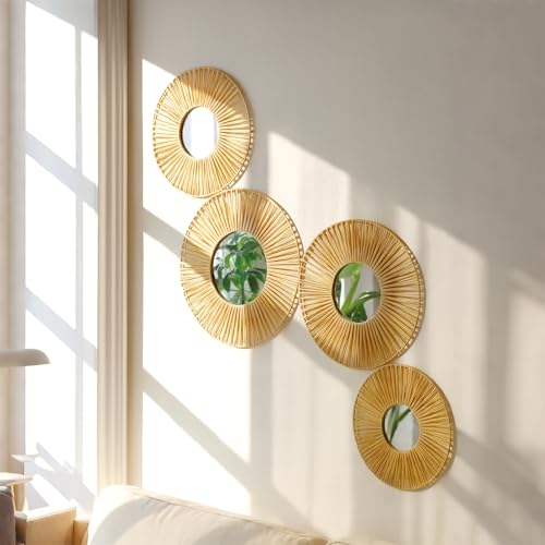 4 Pack Hanging Baskets Wall Art - Decorative Woven Lafite Basket Boho Wall Hanging, Rustic Round Mirrors Natural Coastal Home Decor Set for Bedroom Living Room Nursery