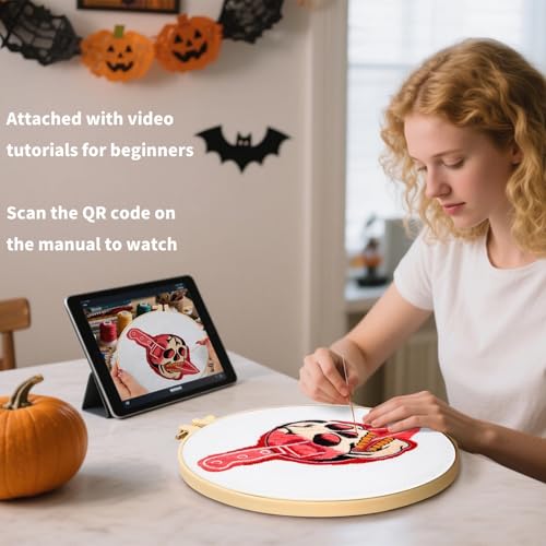 Image of Halloween Punk Embroidery Kits for Beginners Adults, Blood Skull Embroidery Starter Kits, Halloween Cross Stitch Kits for Beginners Adults Hobbies for Women, Embroidery Fabric, Hoop and Video Tutorial