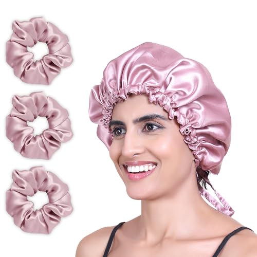 Image of GLUN Hair Protector Bonnet Cap with 3 Scrunchies Combo, Pack of 1 Rose Pink Colour, Prevents Hair Breakage, Frizz Control and Moisture Retention, Ideal for Curly & Natural Hair
