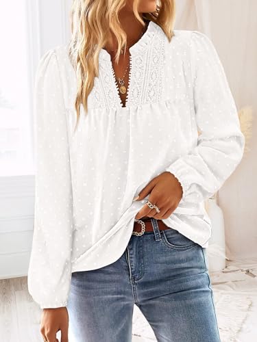 BETTE BOUTIK Women Boho Long Sleeve Shirts Dressy Casual V Neck Fall Fashion Tops Swiss Dot Flowy Blouses
