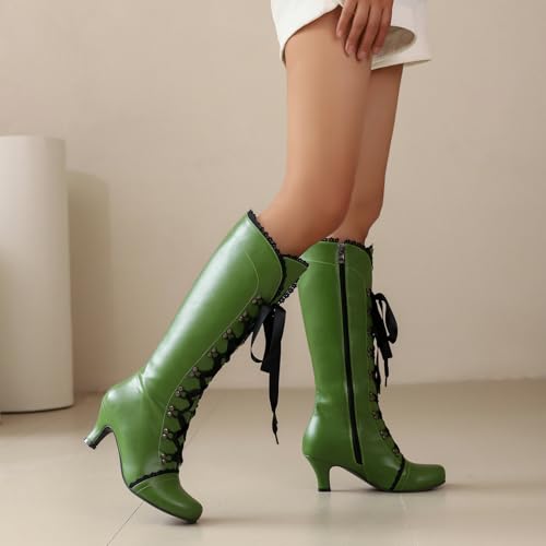 Betastella Womens Lace Up Victorian Boots Chunky Low Kitten Heel Knee High Vintage Boots Witch Boots3