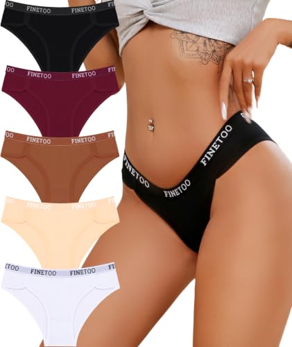 Image of FINETOO Cotton Underwear for Women Cheeky Panties Sexy Hipster Bikini Underwear Elastic Waistband Stretch Briefs 5 Pack