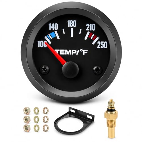 Image of Universal 2 inch 52mm Water Temp Gauge, Red | 100-250℉ Range, LED Backlight, DC 12V, Includes Sensor, For Car Boat Marine Truck Motorcycle