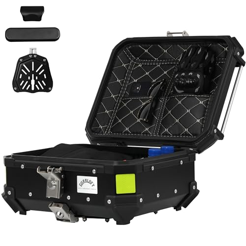 【25L】GURBLOFY バイクボックス トップケース アルミ製 防盜ロック 防水 防塵 ブラック 取り付けベース付属 バッククッション付き 簡単取り付け コンパクト GBTC-25BL-JP