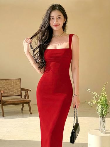 Image of Aahwan Solid Bodycon Square Neck Long Party Dress for Women's & Girl's