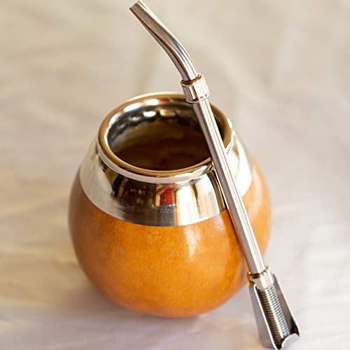 Circle of Drink - Handcrafted Natural Yerba Mate Gourd (Calabash Mate Cup) with Alpaca Steel Brim - with Stainless Steel Bombilla (Mate Tea Straw)