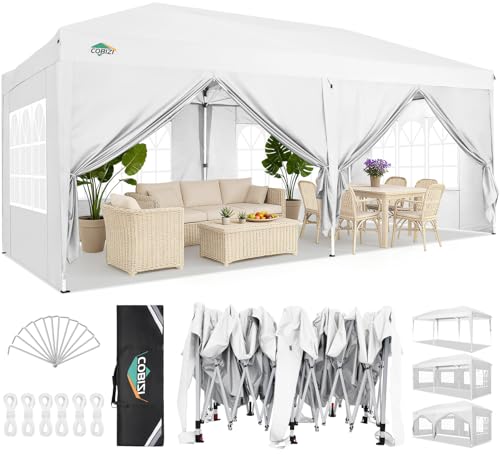 COBIZI 10x20 Pop Up Canopy Tent with Removable Sidewalls Waterproof Commercial Instant Shelter Outdoor Gazebo Party Tent Protable Canopy Tents for Parties with Carry Bag (White, 10'x20')