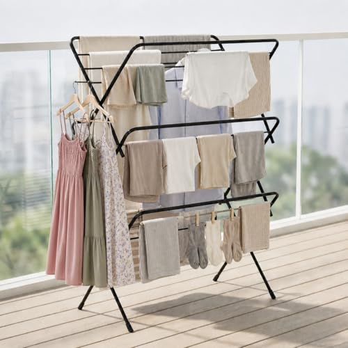 Lifelong Foldable Alloy Steel Cloth Drying Stand for Balcony|3-Tier Heavy Duty Laundry Rack for Indoor & Outdoor|Portable Standing Clothes Dryer with 
